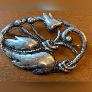 Vintage Sterling Silver Flower Brooch Pin Oval Art Nouveau Floral 2” 3 Oz